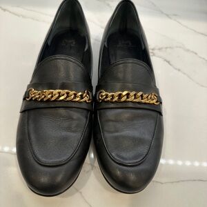 Marc Fisher Black Leather Loafers with Gold Chain Accent